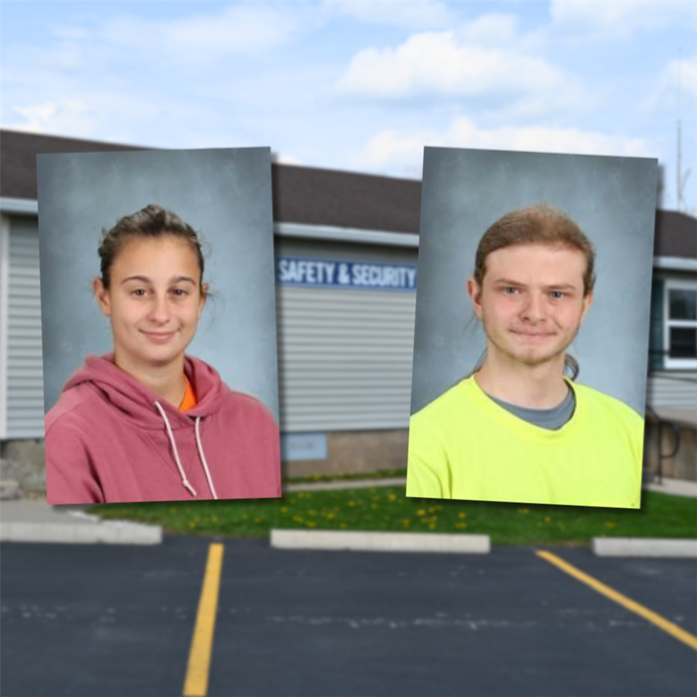  Pictures of EMCC students Claire D. and Corban S. in front of the Safety & Security Building.